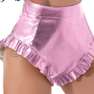 NWOT Dash Collection metallic pink pleather ruffle trim short shorts cosplay